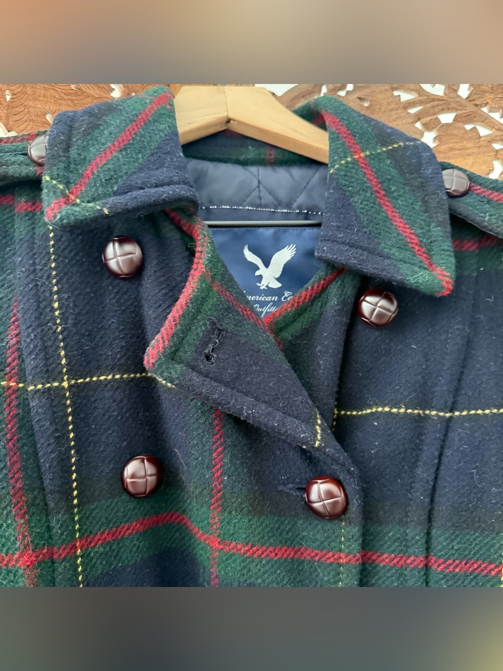 American Eagle Y2K Plaid Belted Wool Peacoat. Navy Green Red - Picture 2 of 9